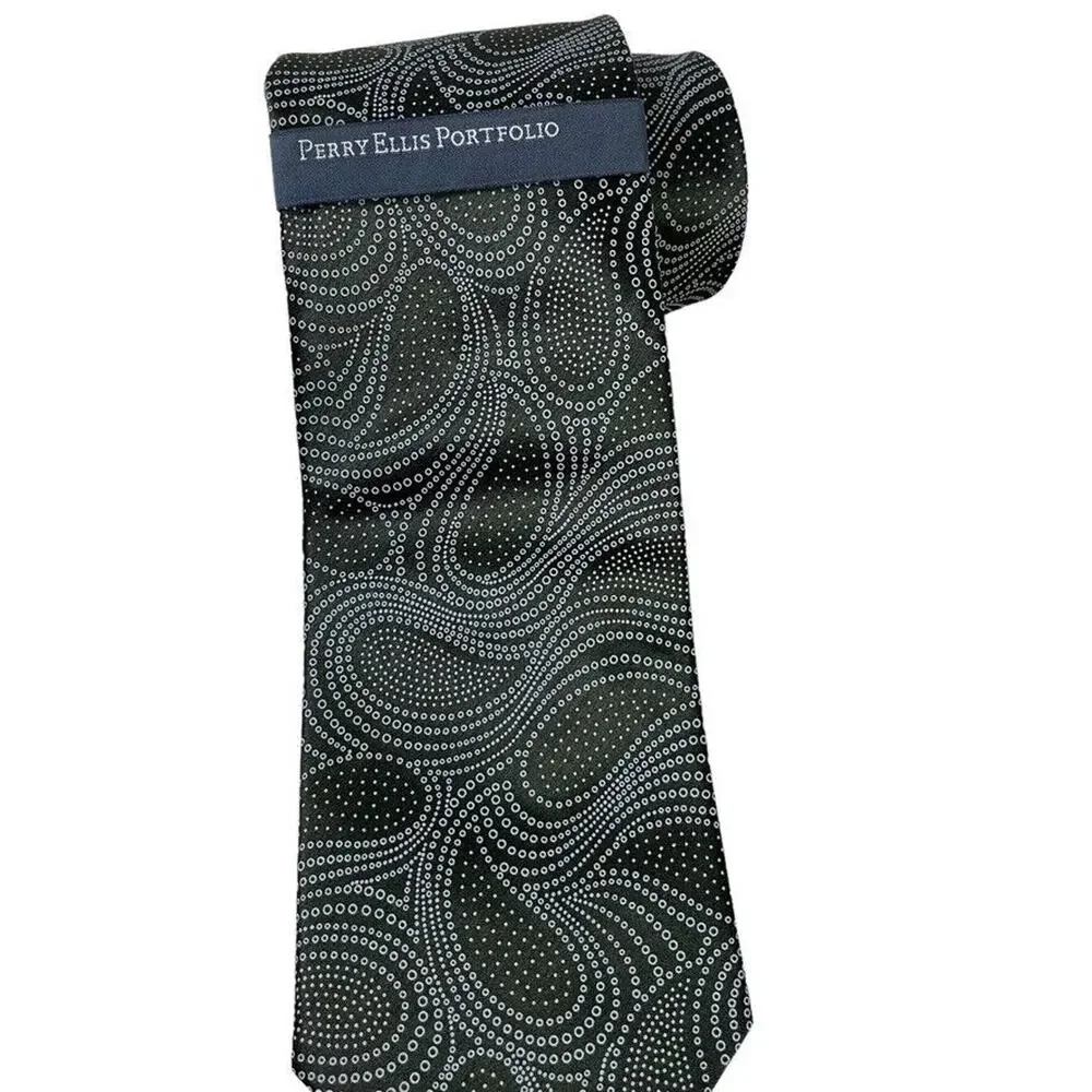 Perry Ellis Portfolio Mens Gray Olive Paisley 100% Silk Hand Made Necktie Tie
